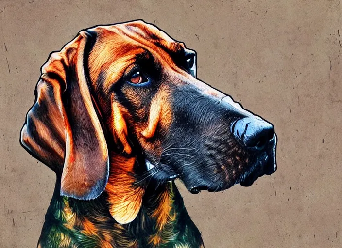 Prompt: a masterpiece painting of a bloodhound, in the style of artur bordalo, digital art, muted colors