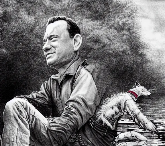 Image similar to Tom hanks as forrest gump sitting in a giant shrimp boat, majestic beautiful world, digital art, amazing detail, artstation, in the style of maurice sendak