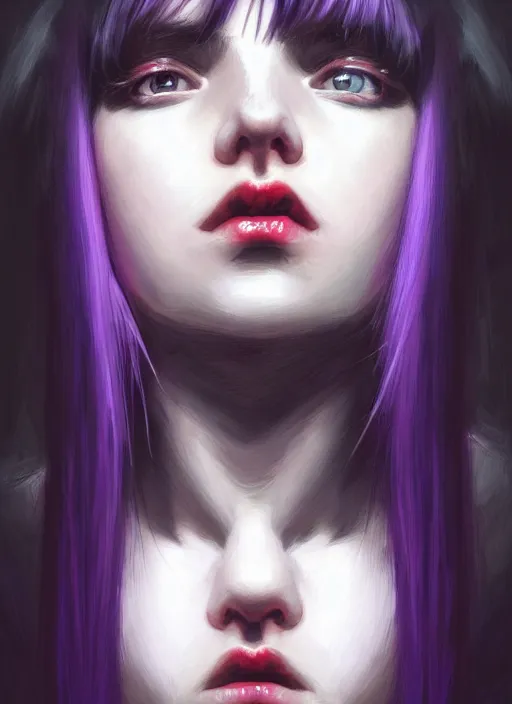 Image similar to portrait of teenage girl, red irises, bangs, black and white hair, white bangs, purple clothes, white bangs, two color hair, black hair and white bangs, intricate, elegant, glowing lights, highly detailed, digital painting, artstation, concept art, smooth, sharp focus, illustration, art by wlop, mars ravelo and greg rutkowski