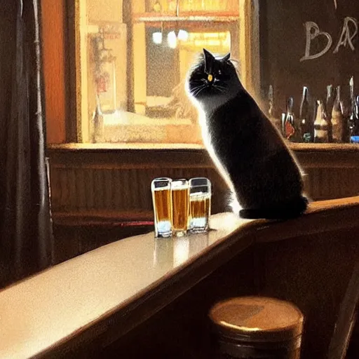 Image similar to of a british longhair cat sitting at the bar next to a beer, by greg rutkowski