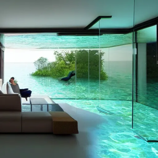 Prompt: underwater glass house, comfy living room