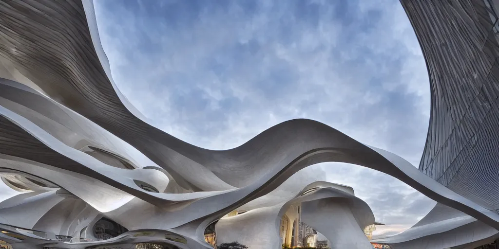 Image similar to extremely detailed ornate stunning sophisticated beautiful elegant futuristic museum exterior by Zaha Hadid, Milan buildings in the background, smooth curvilinear design, stunning volumetric light, stainless steal, concrete, translucent material, beautiful sunset, tail lights