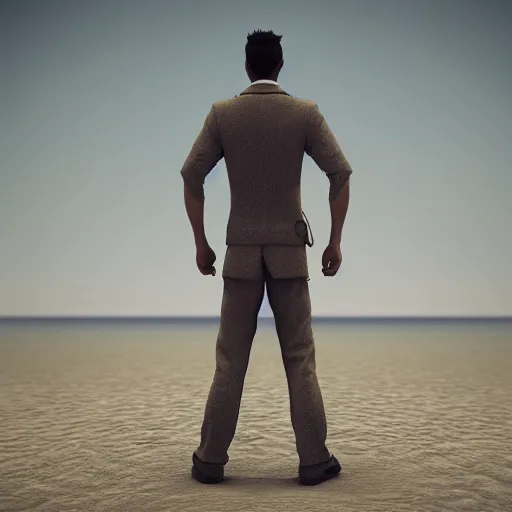 Prompt: a highly detailed man standing backwards on the beach, artstation, deviantart, professional, octane render