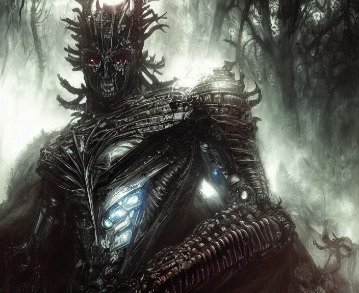 Image similar to 5 5 mm close up portrait photo of an armored biomechanical demonic superman looking at the camera, in a magical forest. dark atmosphere. art by greg rutkowski and luis royo. highly detailed 8 k. intricate. lifelike. soft light. nikon d 8 5 0.