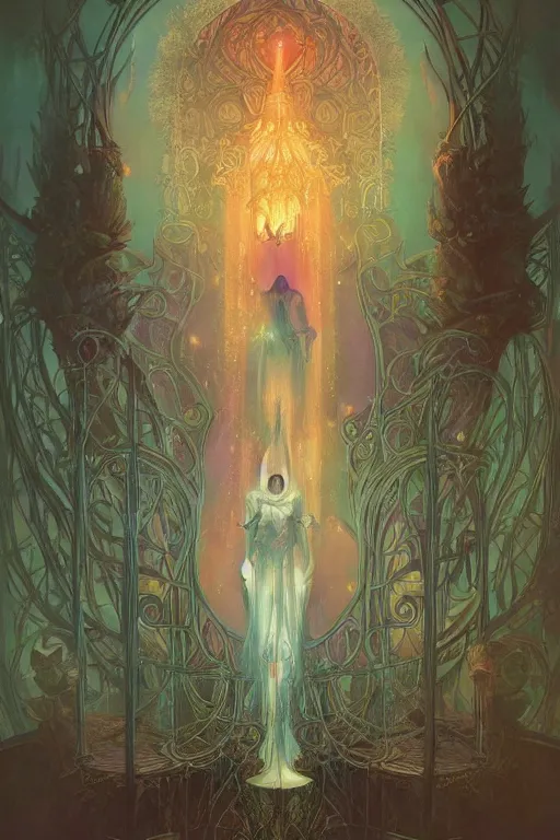 Image similar to jeweled crown, other worldly, fairy necromancer court, bones, art nouveau, by anato finnstark, tom bagshaw, brom