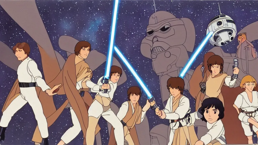 Image similar to film still Star Wars a new hope 1977 studio ghibli animation