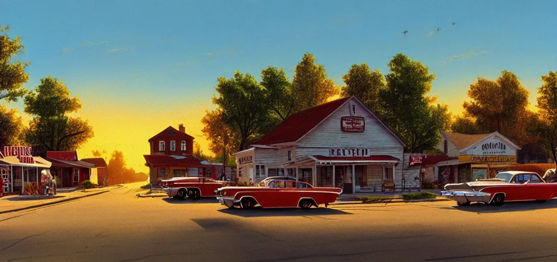 Image similar to concept art of a small rural town in middle America in the 1960s, detailed, Americana, golden hour