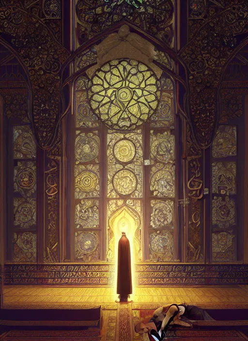 Image similar to grigori raspoutine praying in the mosque, intricate, elegant, highly detailed, my rendition, digital painting, artstation, concept art, smooth, sharp focus, illustration, art by artgerm and greg rutkowski and alphonse mucha and uang guangjian and gil elvgren and sachin teng,