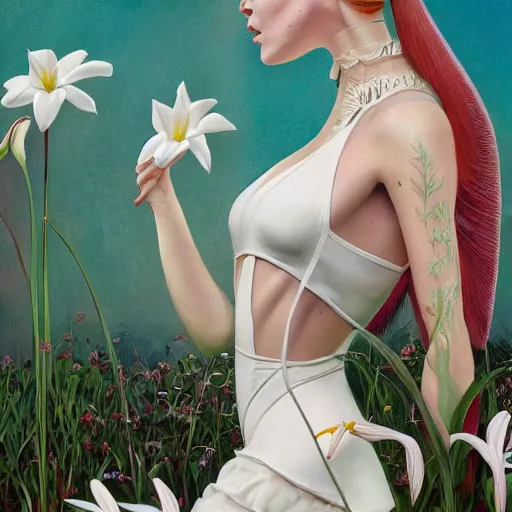 Image similar to pretty model with white lilies : : by martine johanna and simon stalenhag and chie yoshii and casey weldon and wlop : : ornate, dynamic, particulate, rich colors, intricate, elegant, highly detailed, vogue, botanical, harper's bazaar art, fashion magazine, smooth, sharp focus, 8 k, octane render