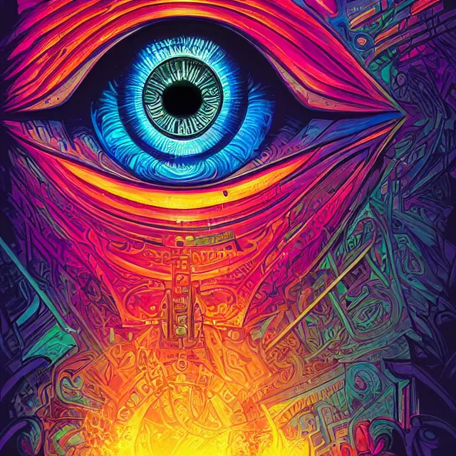 Image similar to hypnotizing and hallucinating eye, eye of horus, illuminati eye, colorful, sharp and focus, ultra detailed, beautifully lit, in the art style of dan mumford and marc simonetti