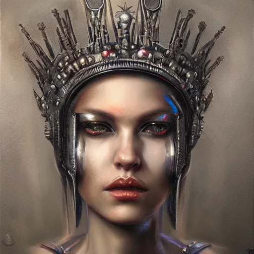 Image similar to A detailed portrait of a cyberpunk queen with machine crown by tomasz alen kopera, trending on artstation,