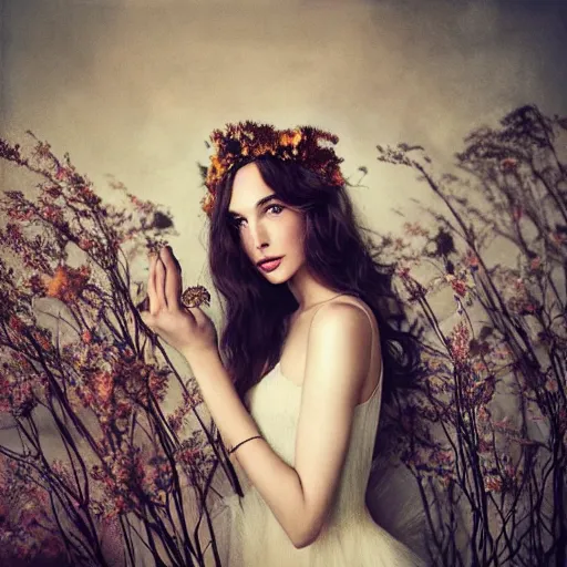 Image similar to fine art photo of the beauty gal gadot, she has a crown of dried flowers done by oleg oprisco