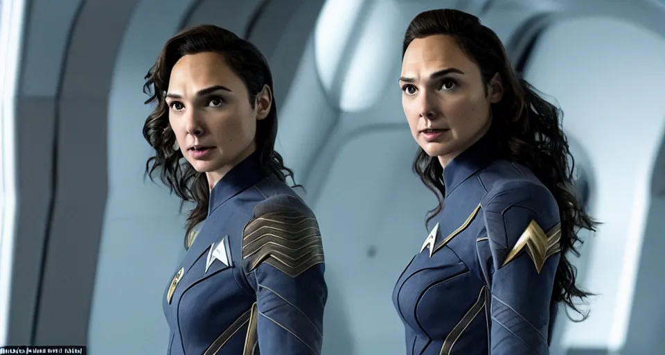 Image similar to Gal Gadot, in full starfleet uniform, is the captain of the starship Enterprise in the new Star Trek movie