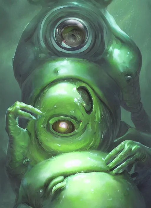 Image similar to portrait of my waifu cute innocent green amorphous blob, slimy alien creature with adorable uwu eyes, it has several human arms out stretched to grab me. painted by greg rutkowski, wlop,,