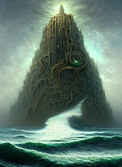 Image similar to a hulking giant emerging from ocean, a scenic dystopian environment, lovecraftian, intricate, elegant, highly detailed, centered, digital painting, artstation, concept art, smooth, sharp focus, illustration, artgerm, tomasz alen kopera, peter mohrbacher, donato giancola, joseph christian leyendecker, wlop, boris vallejo