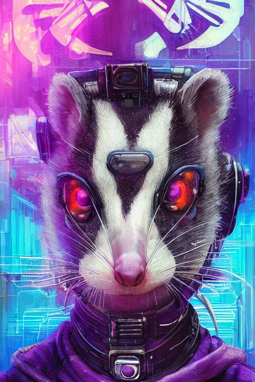 Image similar to a beautiful portrait of a cute cyberpunk opossum by sandra chevrier and greg rutkowski and wlop, purple blue color scheme, high key lighting, volumetric light, digital art, highly detailed, fine detail, intricate, ornate, complex, octane render, unreal engine, photorealistic