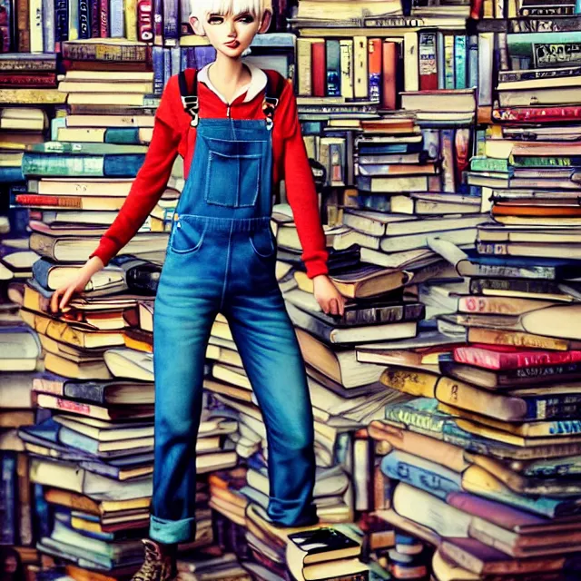 Image similar to full body pose, beautiful adult book fairy, pixar, short white hair shaved sides, dirty, grungy, grunge, long sleeve, painted overalls, stacks of giant books, highly detailed, 4 k, hdr, smooth, sharp focus, high resolution, award - winning photo, artgerm, photorealistic