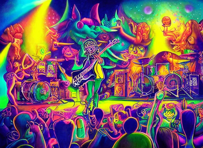 Prompt: a metal band holds a concert in the shadow dimension, an ultrafine detailed painting by lisa frank, trending on deviantart, pop surrealism, whimsical, lowbrow, colorful