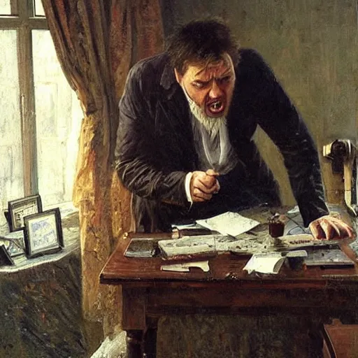 Image similar to an angry man yells at his computer monitor, oil on canvas, 1 8 8 3, highly detailed