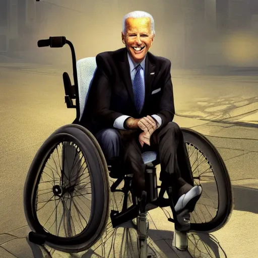 Prompt: hyperrealistic mixed media image of joe biden in a wheelchair wearing a bicycle!! helmet!!, stunning 3 d render inspired art by istvan sandorfi and greg rutkowski, perfect facial symmetry, realistic, highly detailed attributes and atmosphere, dim volumetric cinematic lighting, 8 k octane extremely hyper - detailed render, post - processing, masterpiece,