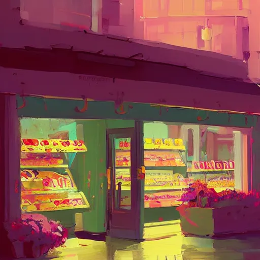 Prompt: a beautiful painting of a candy shop by Pascal Campion, trending on Artstation
