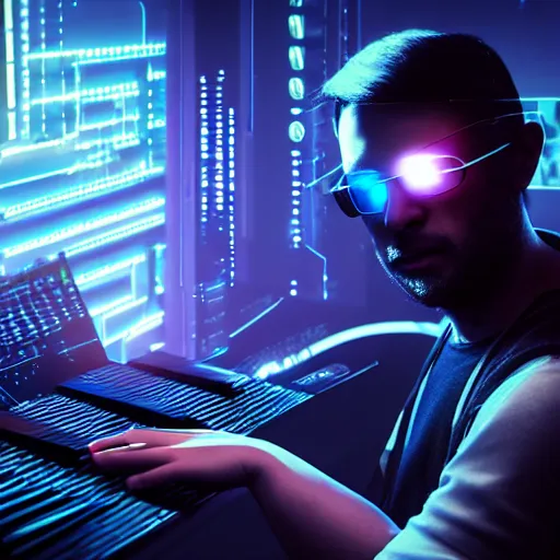 Image similar to photo of a cyberpunk composer playing multiple synthesizers, trending on artstation, symmetrical, frustrated face, cinematic, hyperrealism, high detail, octane render, 8k, unreal engine 5