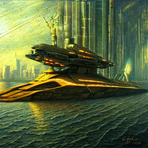 Prompt: cyberpunk battleship hovering, atmospheric lighting, painted, intricate, golden hour, ultra detailed by peter gric, giger, enki bilal