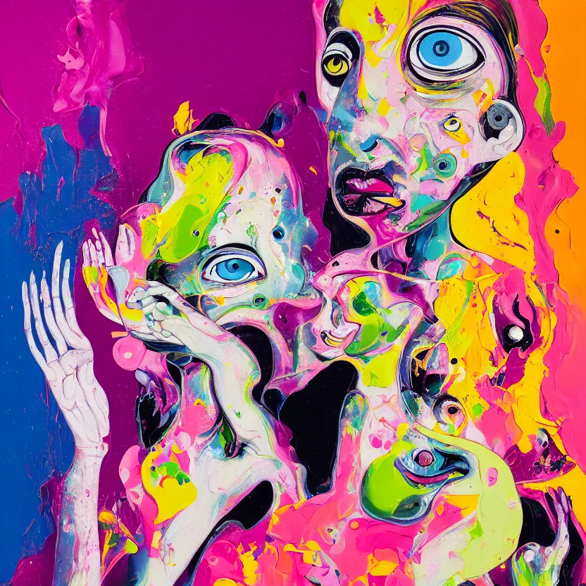 Image similar to woman holding a baby, an ultrafine detailed painting by peter max and francis bacon and fiona rae and hernan bas and anna mond, featured on deviantart, metaphysical painting, pop surrealism, melting paint, biomorphic, mixed media, photorealistic, dripping paint, palette knife texture, masterpiece