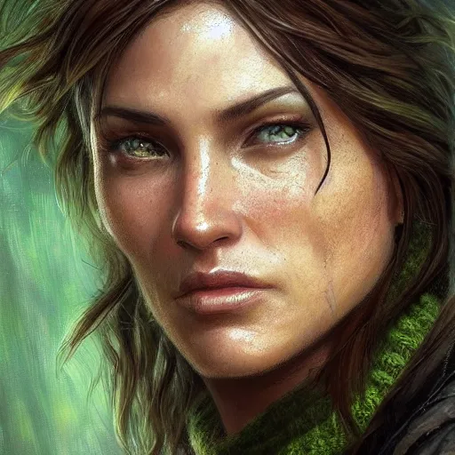 Image similar to Epic portrait, lara croft wearing an green sweater and having long flow hair, digital painting, artstation, concept art, soft light, hdri, smooth, sharp focus, illustration, fantasy, intricate, elegant, highly detailed, D&D, matte painting, in the style of Greg Rutkowski and Alphonse Mucha and artemisia, 8k,