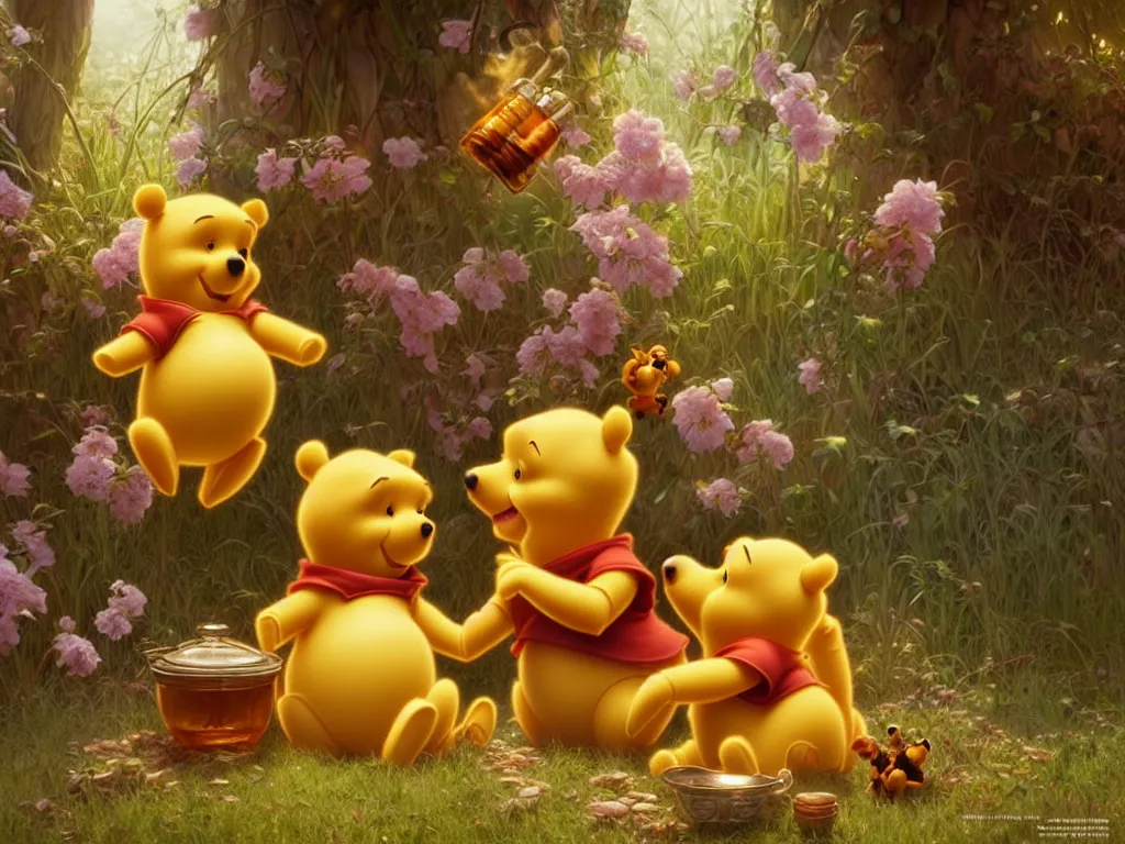 Image similar to winnie the pooh and honey pot cute and cuddly, highly detailed, photorealistic, octane render, 8 k, unreal engine. art by artgerm and greg rutkowski and alphonse mucha