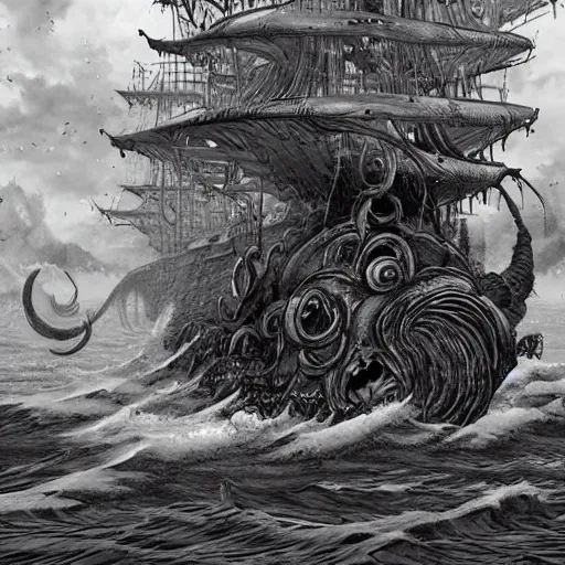 Image similar to kraken devours the ship in the exact style of kentaro miura, 4 k, 8 k, absolute detail of even the smallest details and particles, beautiful shadows, beautiful art, black and white drawing, high rendering of details of faces and characters