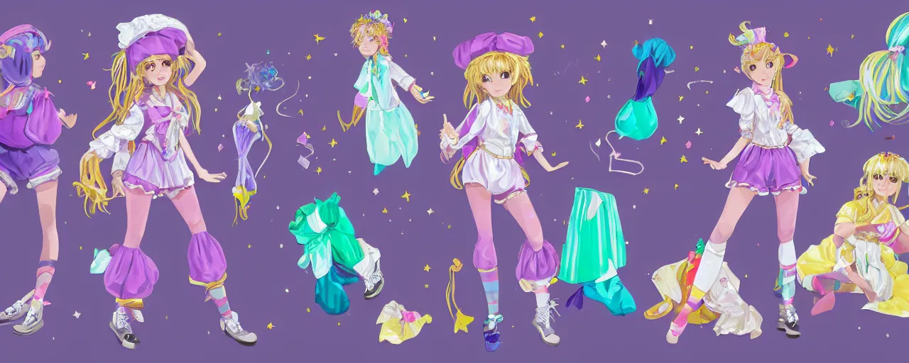 Prompt: A character sheet of full body cute magical girls with short blond hair wearing an oversized purple Beret, Purple overall shorts, Short Puffy pants made of silk, pointy jester shoes, a big billowy scarf, and white leggings. Rainbow accessories all over. Flowing fabric. Golden Ribbon. Covered in stars. Fancy Dress. Jasmine Pants. Short Hair. Art by Johannes Helgeson and william-adolphe bouguereau and Paul Delaroche and Alexandre Cabanel and Lawrence Alma-Tadema and WLOP and Artgerm. Fashion Photography. Decora Fashion. harajuku street fashion. Kawaii Design. Intricate, elegant, Highly Detailed. Smooth, Sharp Focus, Illustration Photo real. realistic. Hyper Realistic. Sunlit. Moonlight. Dreamlike. Fantasy Concept Art. Surrounded by clouds. Artist Clothes. Painter Clothes. Dreamer. 4K. UHD. Denoise.