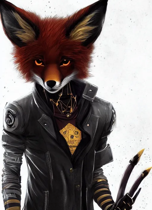 Image similar to award winning beautiful portrait commission of a male furry anthro melanated fox fursona with a tail and a cute beautiful attractive detailed furry face wearing stylish black and gold cyberpunk clothes in a cyberpunk city at night while it rains. Character design by charlie bowater, ross tran, artgerm, and makoto shinkai, detailed, inked, western comic book art