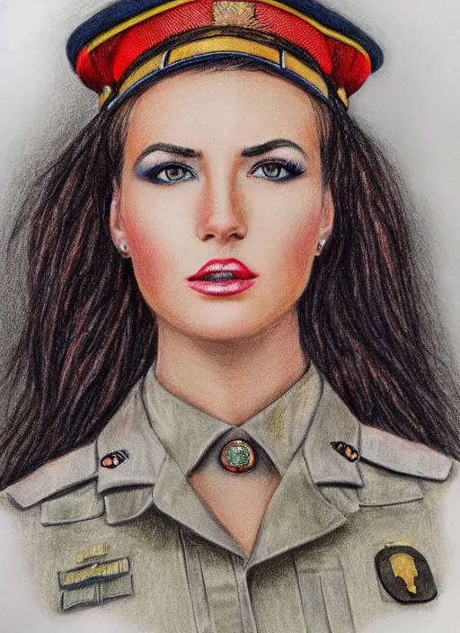 Image similar to full body detailed colored pencil drawing of a beautiful female military with a beautiful face wearing intricate clothing