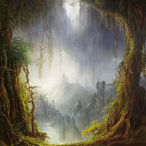 Image similar to a beautiful and highly detailed matte painting of a pergoda from a dream in a fantasy garden in a dark twisted forest deep in the mystical mountains, intricate details, epic scale, insanely complex, 8 k, sharp focus, hyperrealism, very realistic, by caspar friedrich, greg rutowski, james gurney