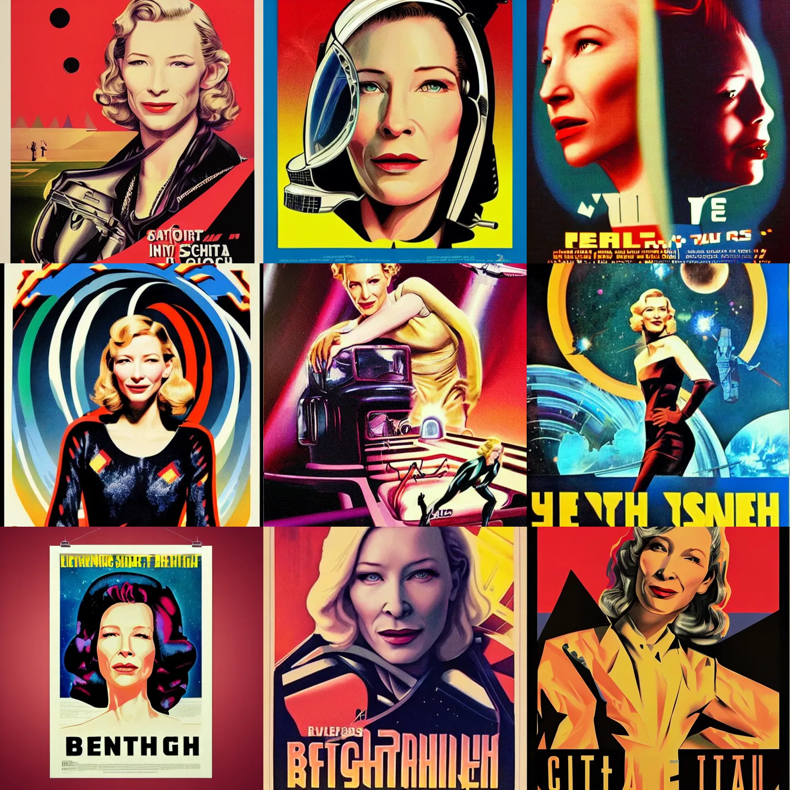 Prompt: retro scifi poster of cate blanchett