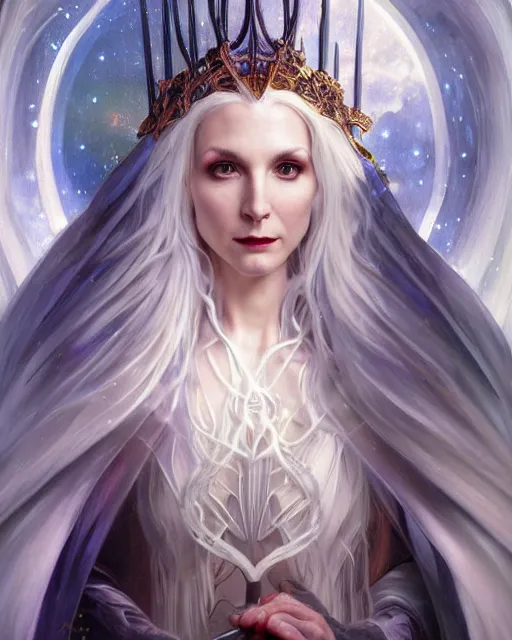 Image similar to realistic wide angle portrait of a beautiful white witch, standing, crafting spells, bright witch, beautiful face, fantasy, chaos, magic, dark magic, dramatic lighting, intricate, wild, highly detailed, digital painting, artstation, concept art, smooth, sharp focus, illustration, art by artgerm and greg rutkowski and alphonse mucha, footage from space camera