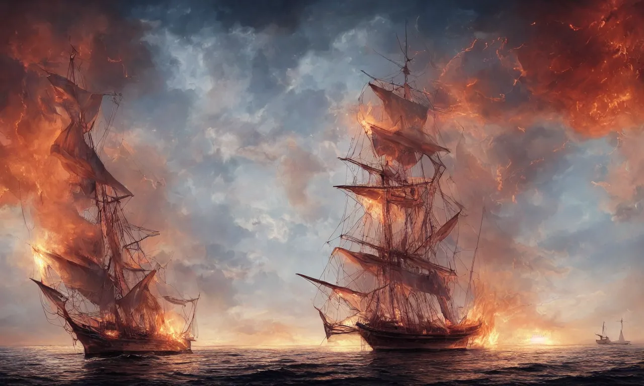 Image similar to a beautiful digital painting of a white caravel on fire flying in the clouds, firestorm of embers in the sunlight, rain of flames numerous burning ropes and intricated sails, blue sky at sunset, elegant, highly detailed, artstation, concept art, matte, sharp focus, art by tom bagshaw, kelogsloops and greg rutkowski