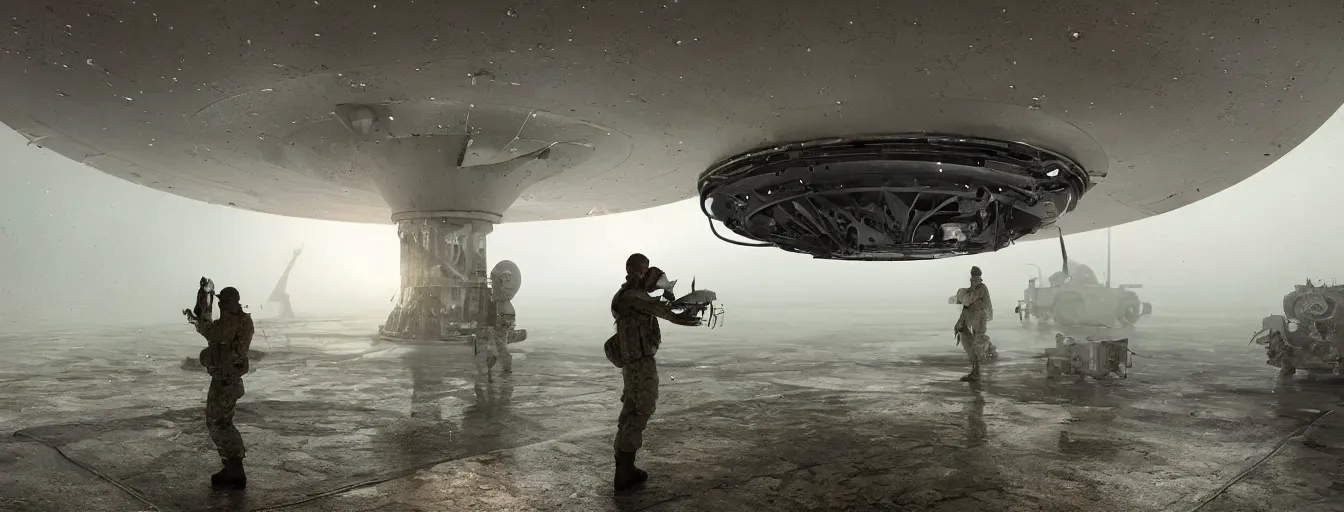 Image similar to engineer repairs special flying saucer full of modern military equipment, in the hall of area 55, high detail, ground fog, wet reflective ground, saturated colors, by Maciej Kuciara, render Unreal Engine-H 704