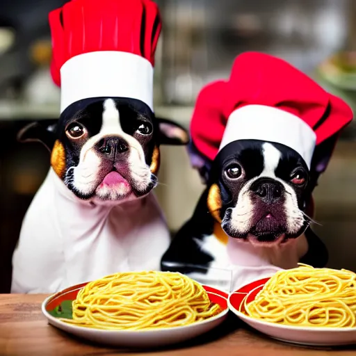 Image similar to a 8k highly detailed still photo by David Bailey of Two multi-colored French Bulldogs in chef hats and aprons starring on a cooking show, a plate of spaghetti is prepared, a high end restaurant kitchen in the background, bokeh