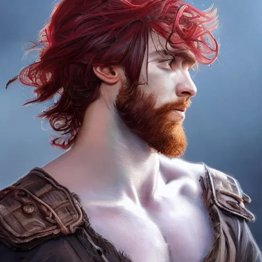 Image similar to portrait of a young ruggedly handsome but joyus pirate, male, masculine, upper body, red hair, very long hair, d & d, fantasy, intricate, elegant, highly detailed, digital painting, artstation, concept art, matte, sharp focus, illustration, art by artgerm and greg rutkowski and alphonse mucha