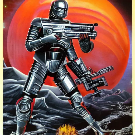 Prompt: 1 9 8 0's heavy metal album art, a shiny reflective detailed chrome android firing a giant rifle - style blaster rifle designed by ridley scott inside an alien spaceship