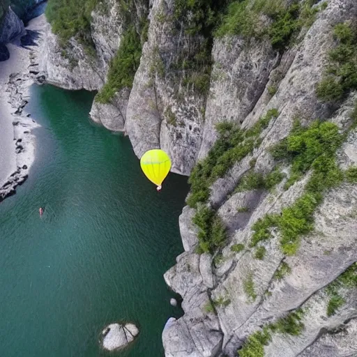 Image similar to a hairy dog attached to a large open balloon parachute jumping from a mountain cliff. captured by a drone. wide camera. epic