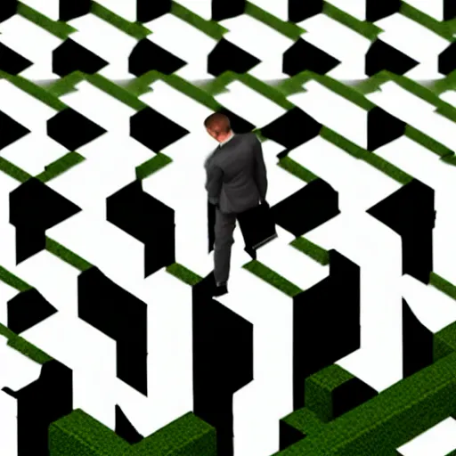 Image similar to isometric miniature photo of a businessman standing in a maze of white cubicles and olive green carpet