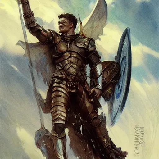 Image similar to Intaglio Heroic Paladin Dsurion ascends the stairway to valhalla Hand Crafted By Rodin. Painting by greg rutkowski Donato Giancola Jeff Simpson norman rockwell stamp watercolor