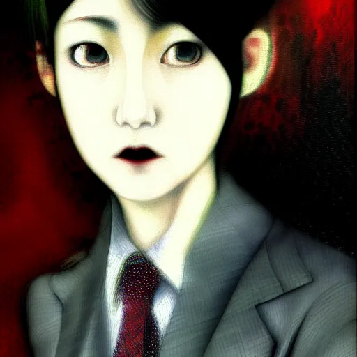 Image similar to yoshitaka amano blurred and dreamy realistic three quarter angle portrait of a young woman with short hair and black eyes wearing office suit with tie, junji ito abstract patterns in the background, satoshi kon anime, noisy film grain effect, highly detailed, renaissance oil painting, weird portrait angle, blurred lost edges