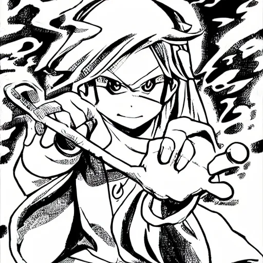 Image similar to wizard, illustrated by mato and ken sugimori, manga, black and white illustration