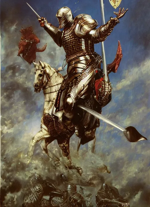 Image similar to gary busey as knight in armour, dynamic action, by lawrence alma - tadema and zdzislaw beksinski and norman rockwell and jack kirby and tom lovell and greg staples, artstation creature art