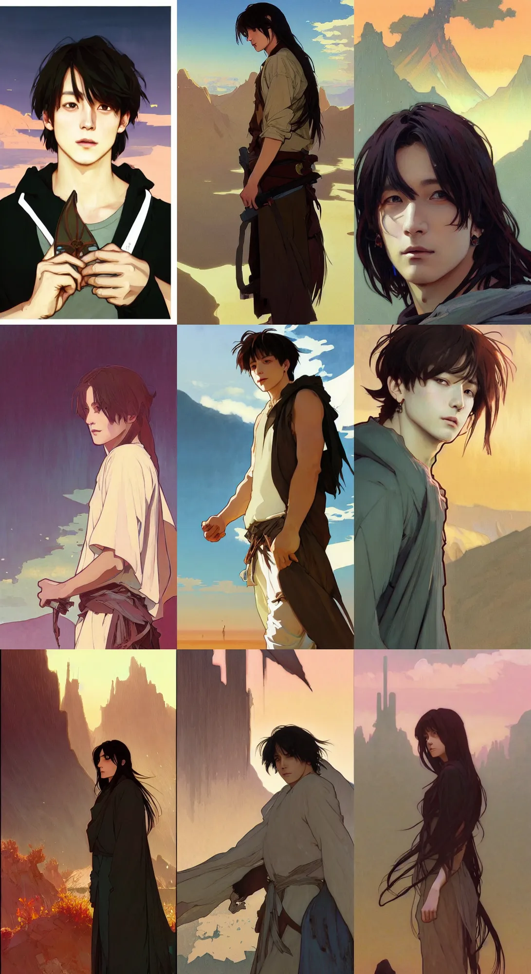 Prompt: (Jungkook with long dark straight hair by greg rutkowski and alphonse mucha), (Background is a screenshot of the desert by krenz cushart, pixiv contest winner, action painting, 2d game art, official art, award-winning, art by Studio Ghibli, by Chris Moore, high details)