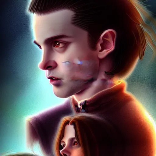 Image similar to Twilight version of Stranger Things, Portrait of Edward and Bella, diffuse lighting, fantasy, intricate, elegant, highly detailed, lifelike, photorealistic, digital painting, artstation, illustration, concept art, smooth, sharp focus, art by Albert Aublet